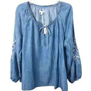 LC Lauren Conrad NWT 100% Lyocell Long Sleeve Embroidered Floral Sleeve Blouse L